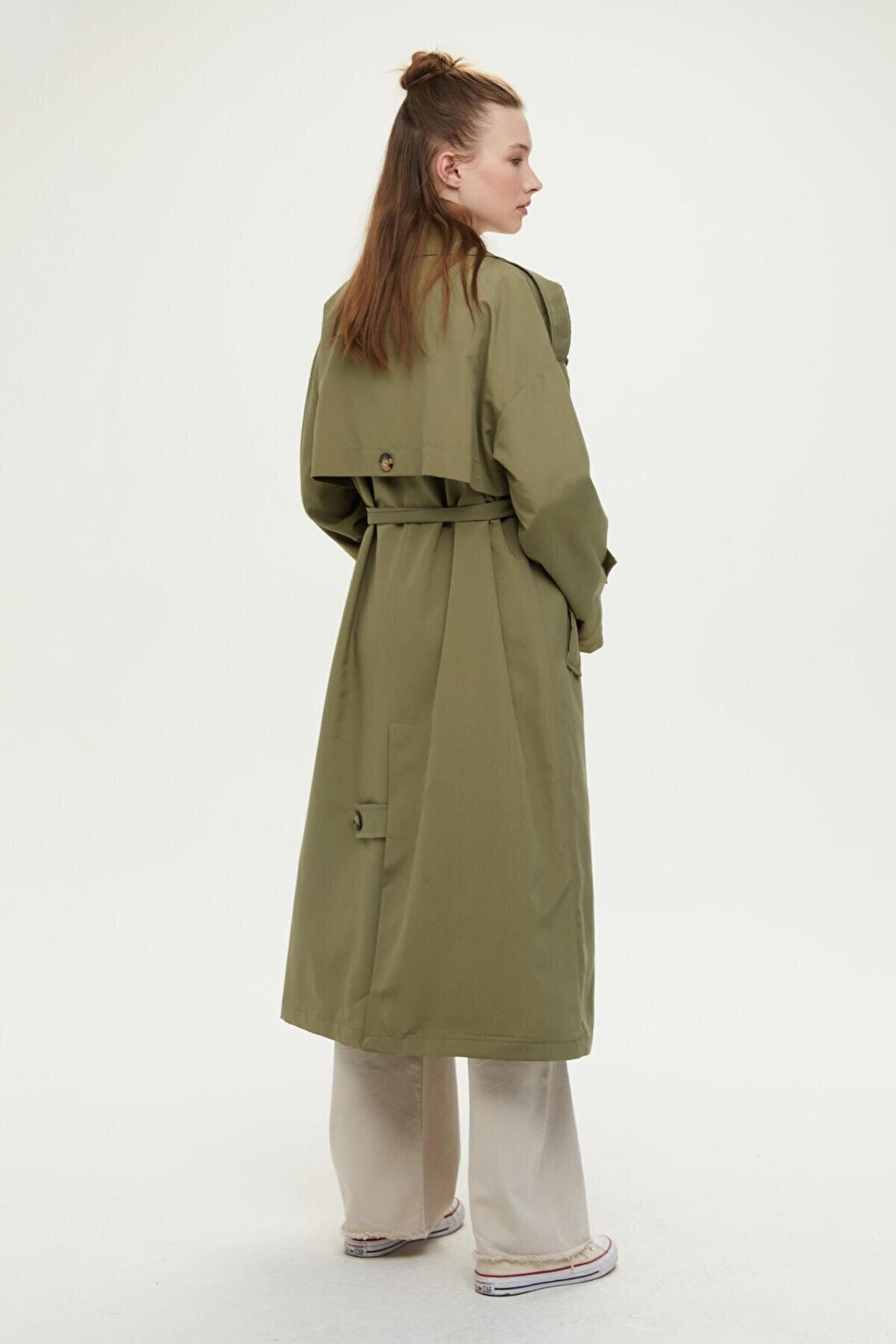 Buttoned Double Breasted Trench Coat Khaki