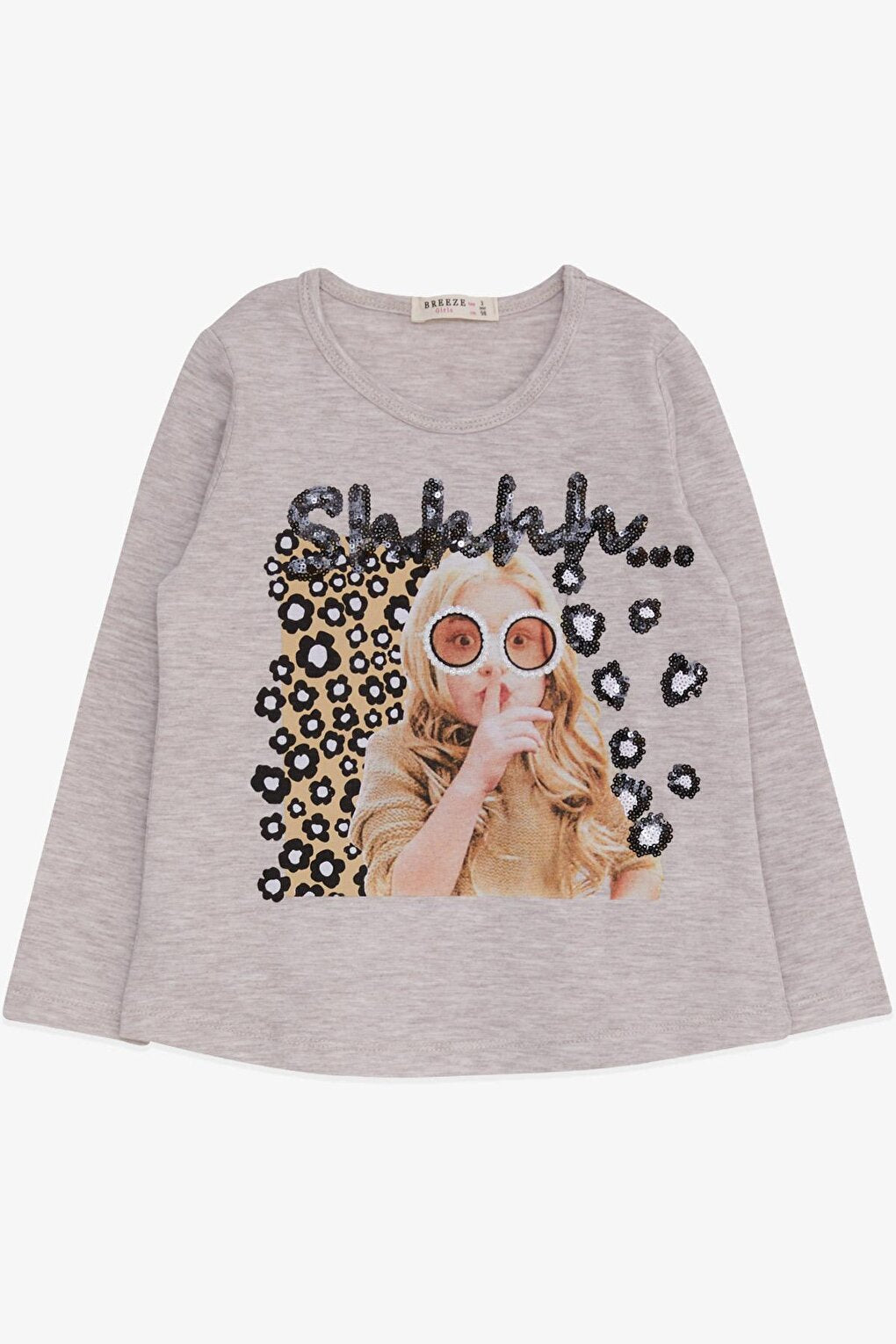 Girl's Long Sleeve T-Shirt Sequin Girl Printed Beige Melange (Age 3-8)