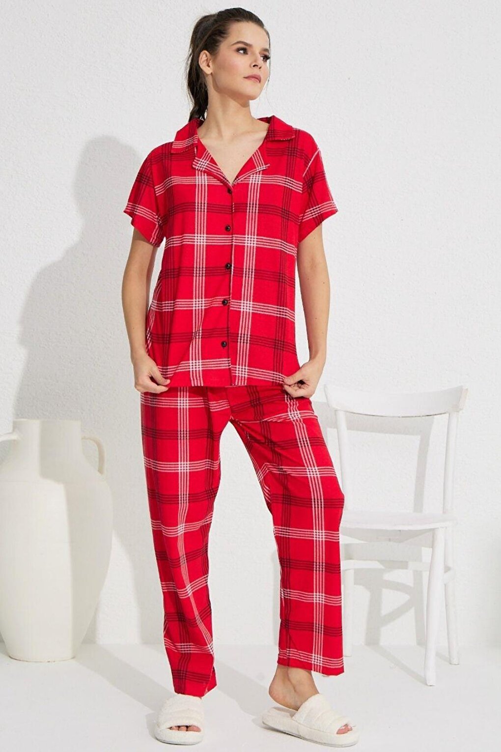 Red Eksoeli Rotation Printed Buttoned Pajama Set