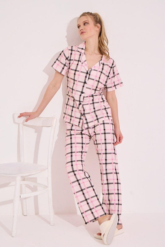 Pink Eksoeli Rotation Printed Buttoned Pajama Set