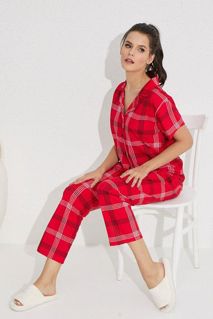 Red Eksoeli Rotation Printed Buttoned Pajama Set