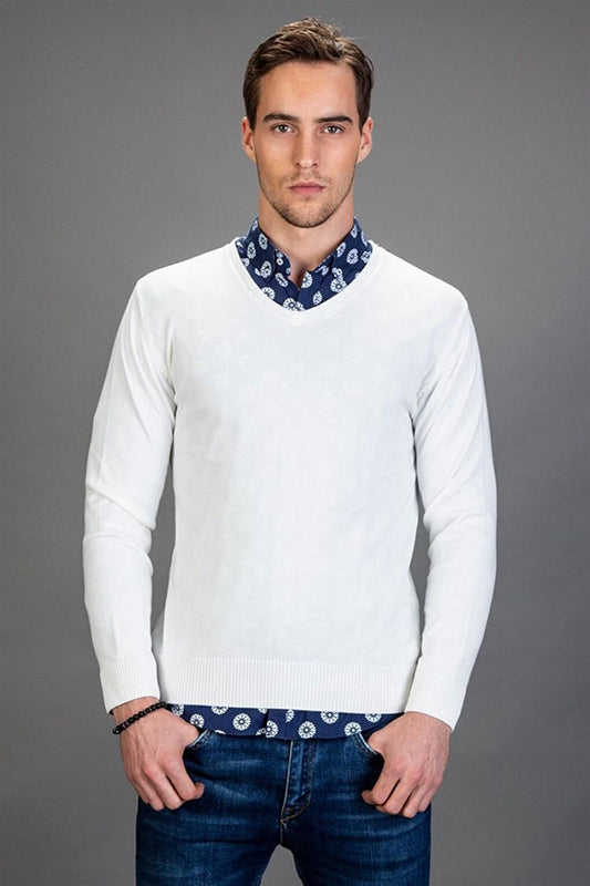 Slim Fit V-Neck Cotton Men's White Sweater