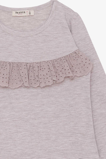 Girl's Long Sleeve T-Shirt Ruffle Beige Melange (Age 3-8)