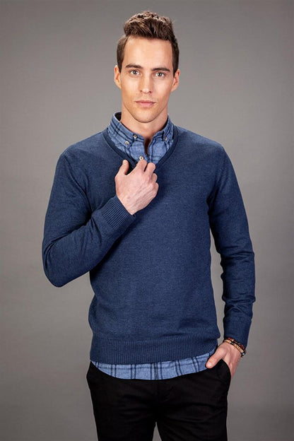 Slim Fit V-Neck Cotton Men's Indigo Sweater