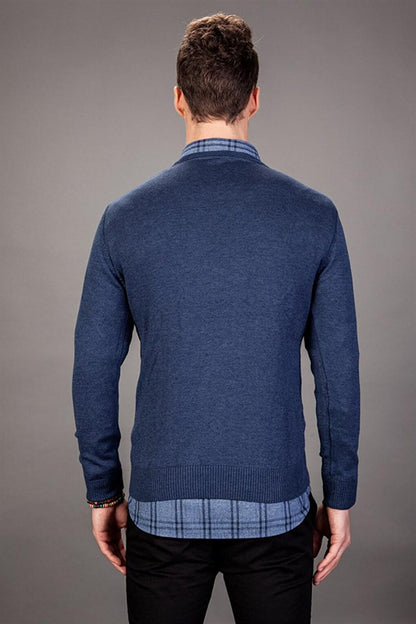 Slim Fit V-Neck Cotton Men's Indigo Sweater