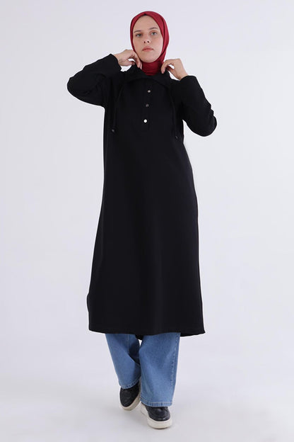 Black Half Placket Buttoned Tunic with Slit on the Back