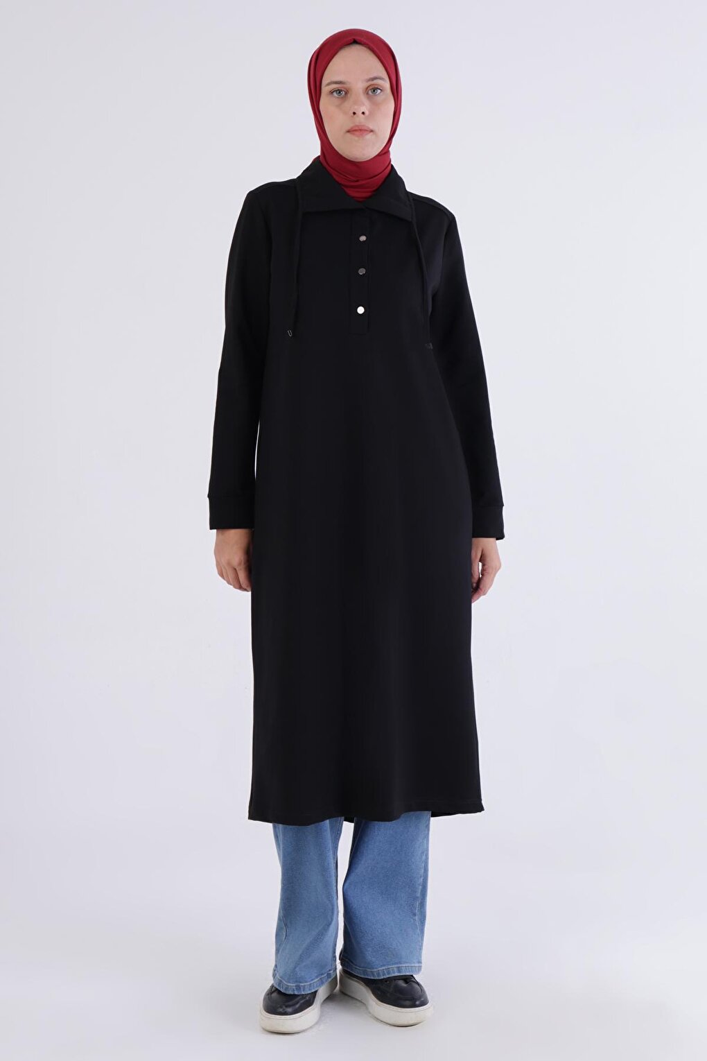 Black Half Placket Buttoned Tunic with Slit on the Back