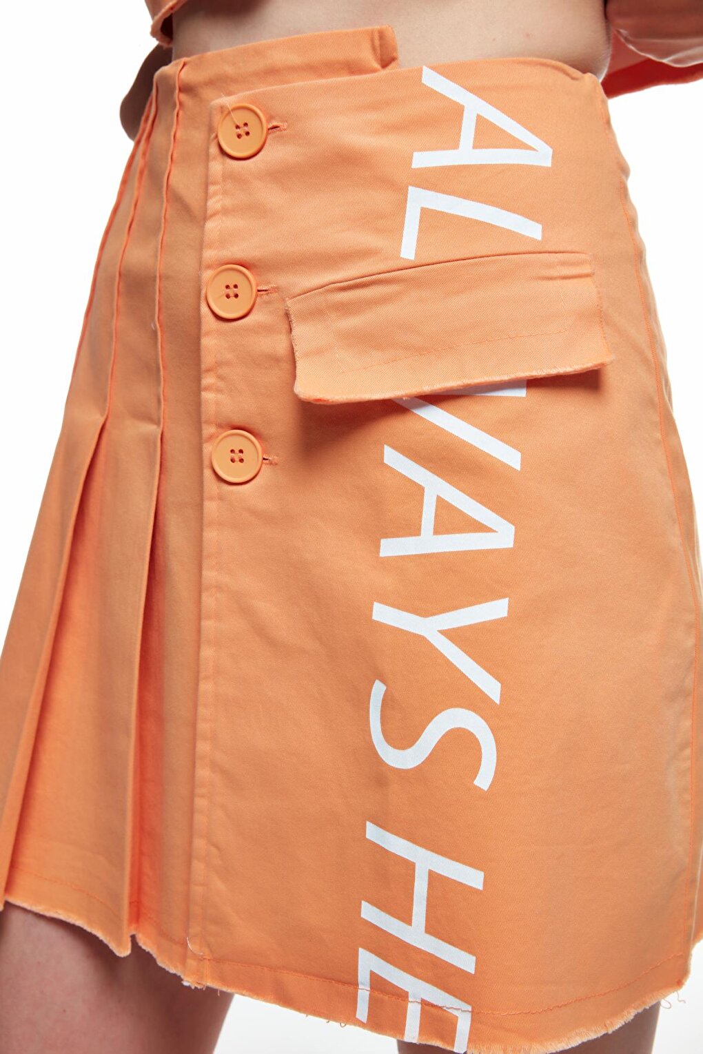 Pleat Detailed Text Printed Mini Skirt Orange