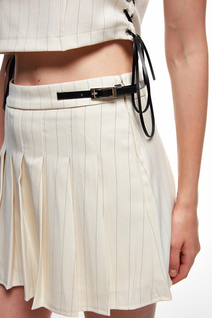 Stripe Detailed Belted Mini Skirt Bone