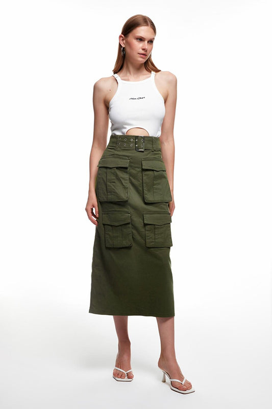 Belt Detailed Pocket Midi Skirt Khaki