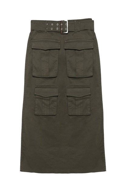 Belt Detailed Pocket Midi Skirt Khaki