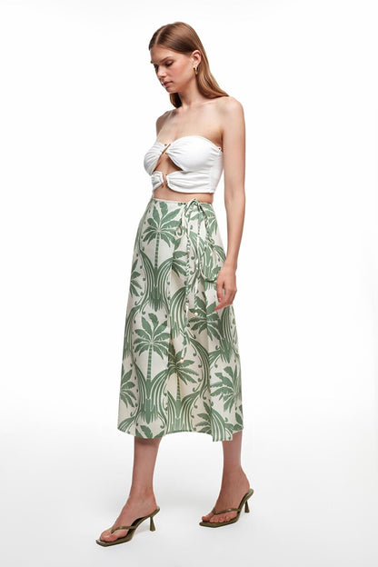 Tie Detailed Patterned Midi Skirt Green