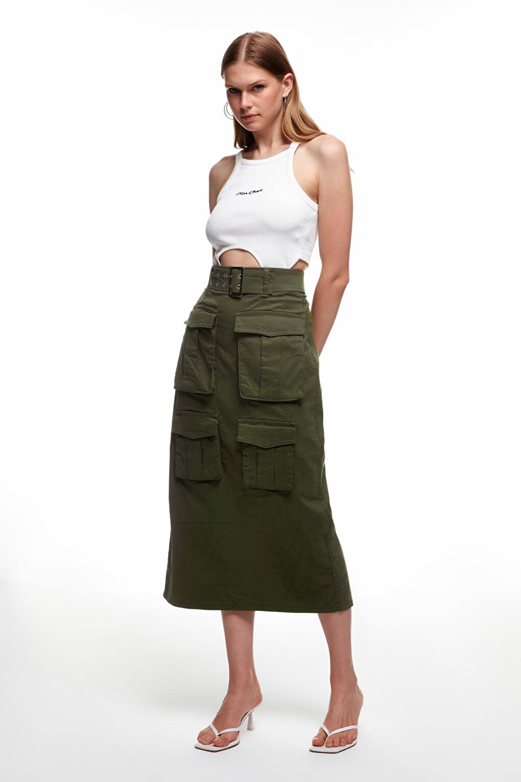 Belt Detailed Pocket Midi Skirt Khaki