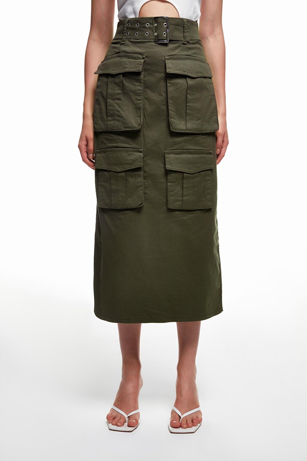 Belt Detailed Pocket Midi Skirt Khaki