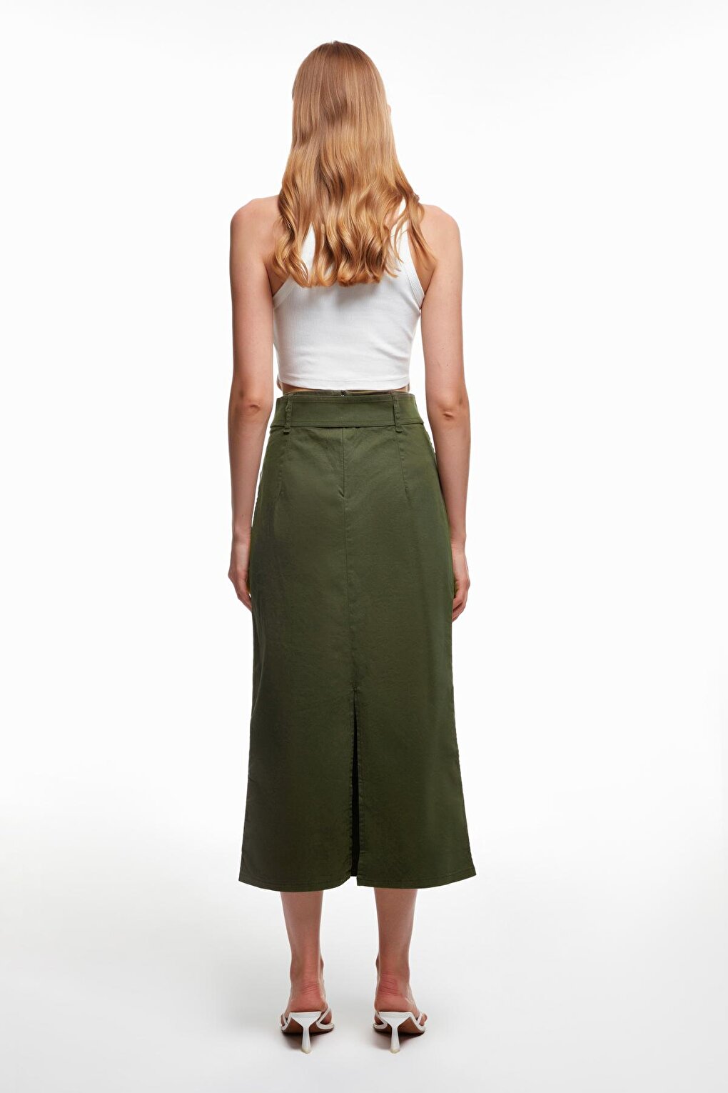 Belt Detailed Pocket Midi Skirt Khaki