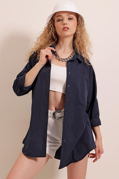 3900 Oversize Long Basic Shirt - Navy Blue