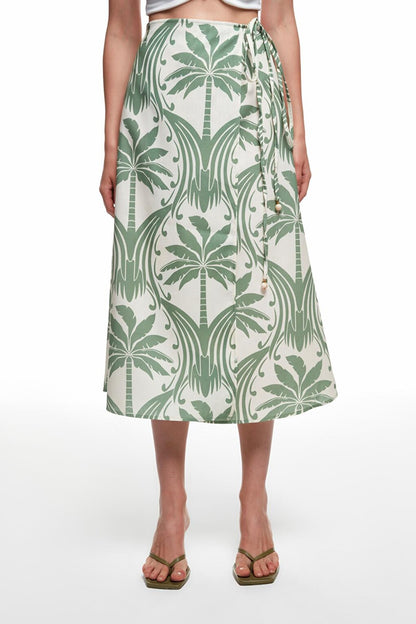 Tie Detailed Patterned Midi Skirt Green