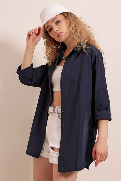 3900 Oversize Long Basic Shirt - Navy Blue