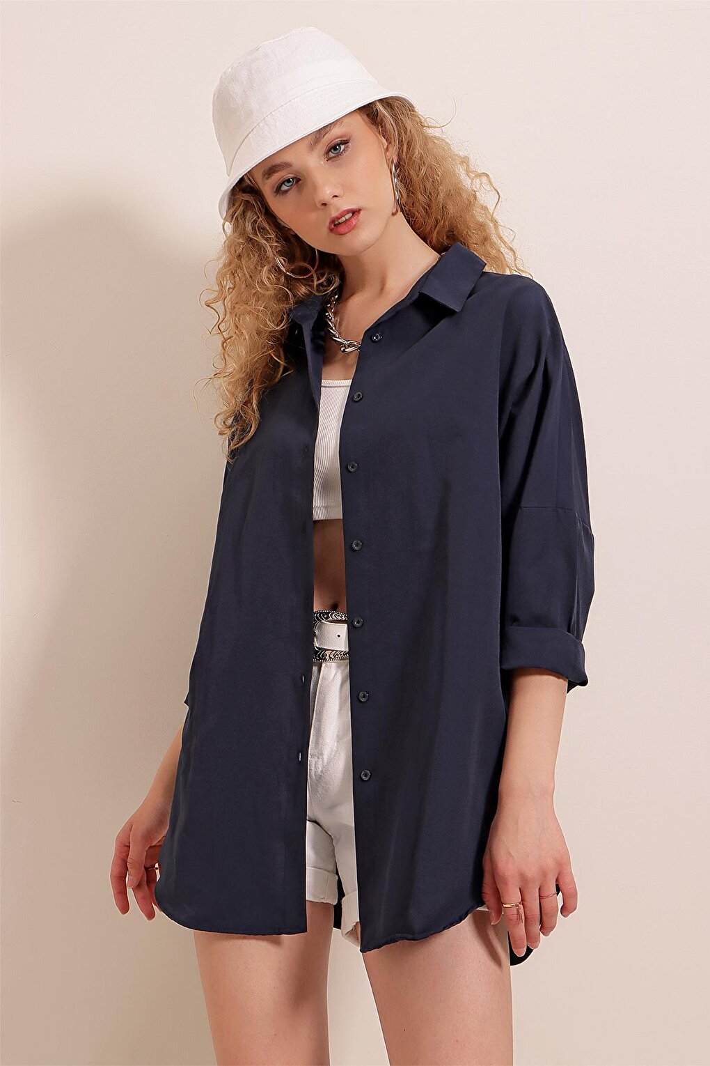 3900 Oversize Long Basic Shirt - Navy Blue