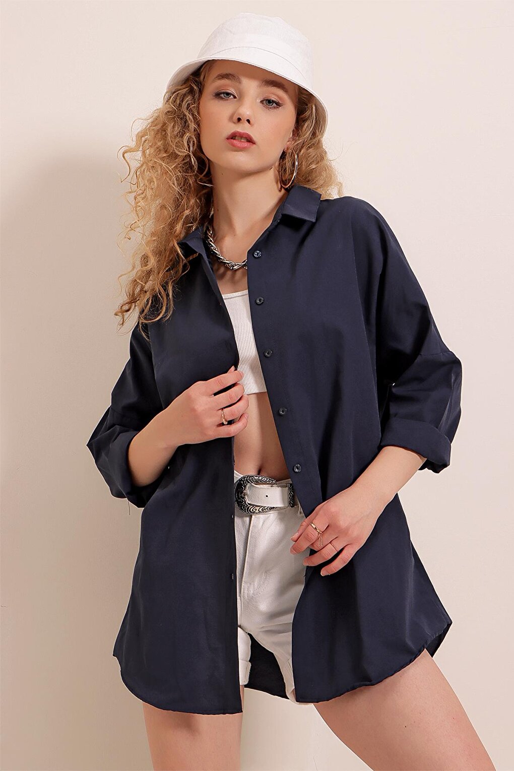 3900 Oversize Long Basic Shirt - Navy Blue