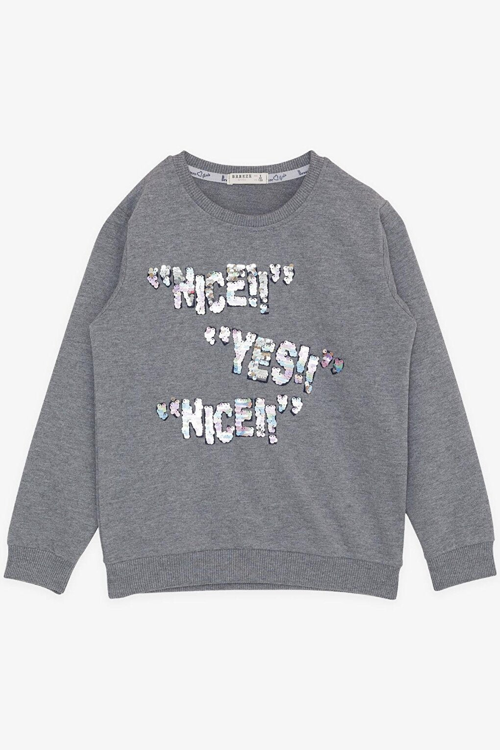 Girl's Sweatshirt Sequined Text Printed Dark Gray Melange (Ages 8-14)