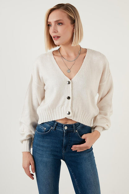 Button Detailed V-Neck Crop Knitwear Cardigan 6071431