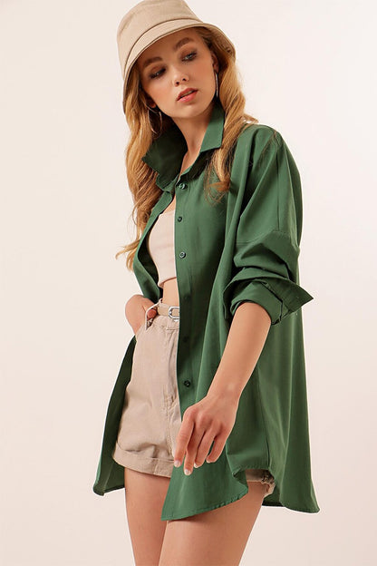 3900 Oversize Long Basic Shirt - Emerald Green