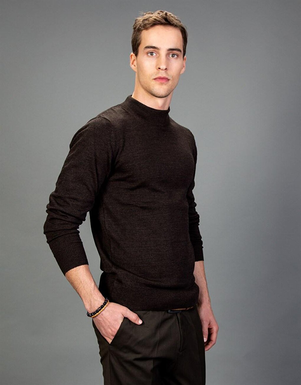 Slim Fit Half Turtleneck Plain Men's Brown Sweater