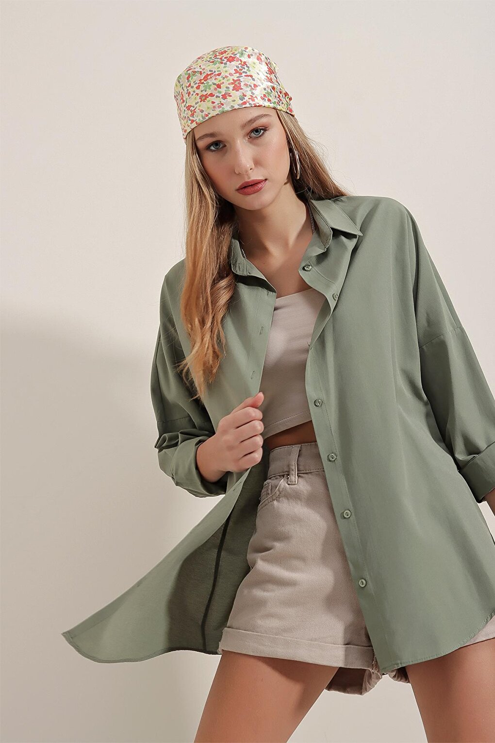 3900 Oversize Long Basic Shirt - Khaki