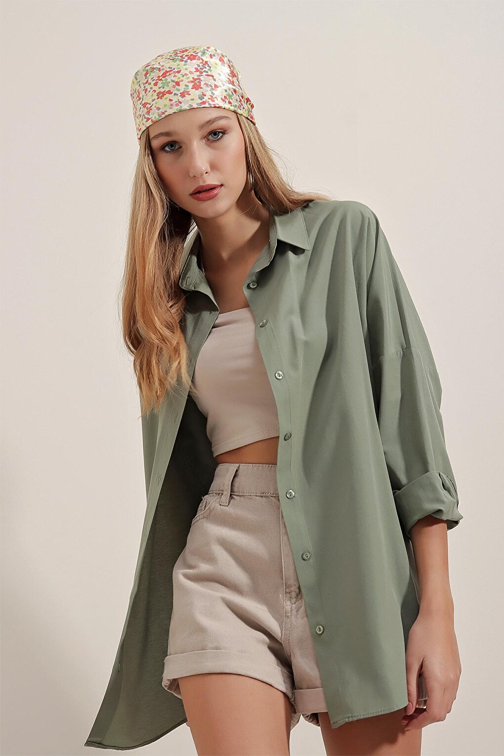 3900 Oversize Long Basic Shirt - Khaki