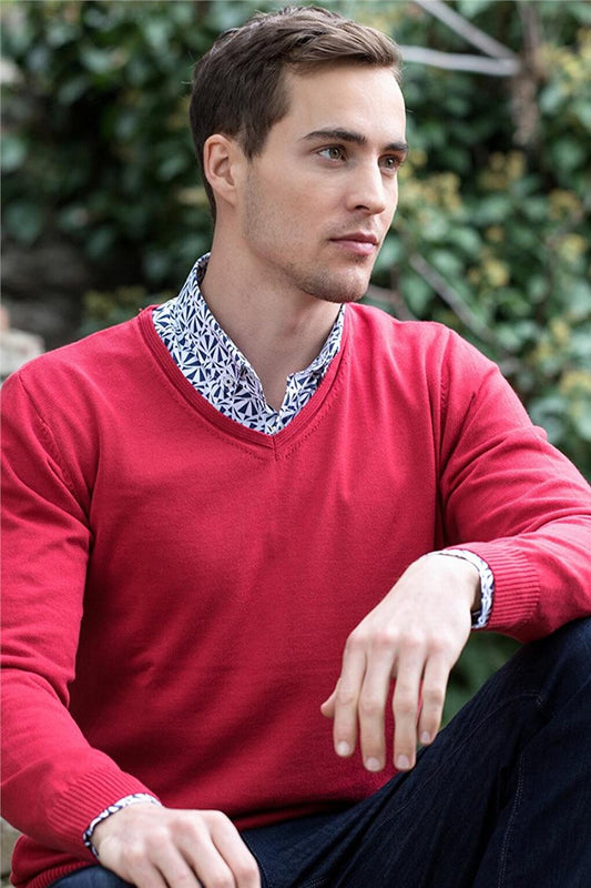 Slim Fit V-Neck Cotton Men's Red Sweater