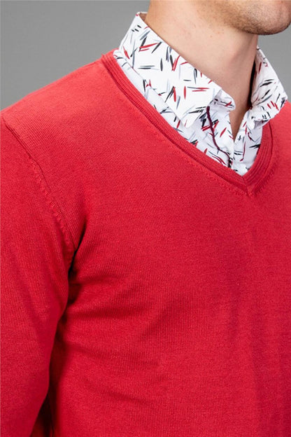 Slim Fit V-Neck Cotton Men's Red Sweater