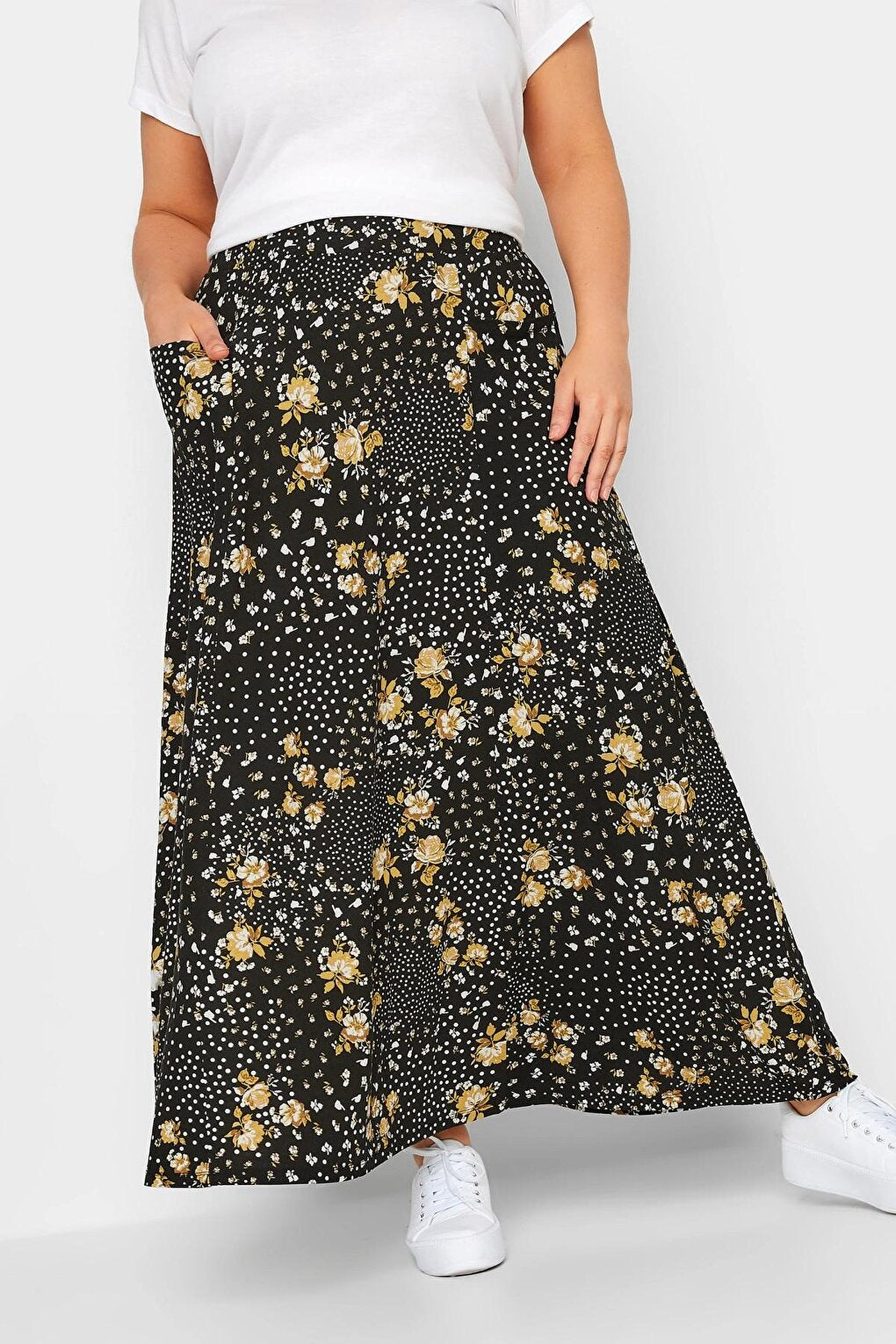 Plus Size Pocket Detailed Patterned Long Cut Skirt with Elastic Waist 302288