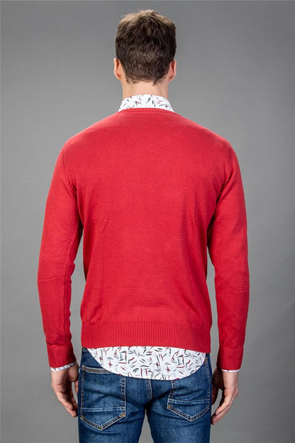 Slim Fit V-Neck Cotton Men's Red Sweater