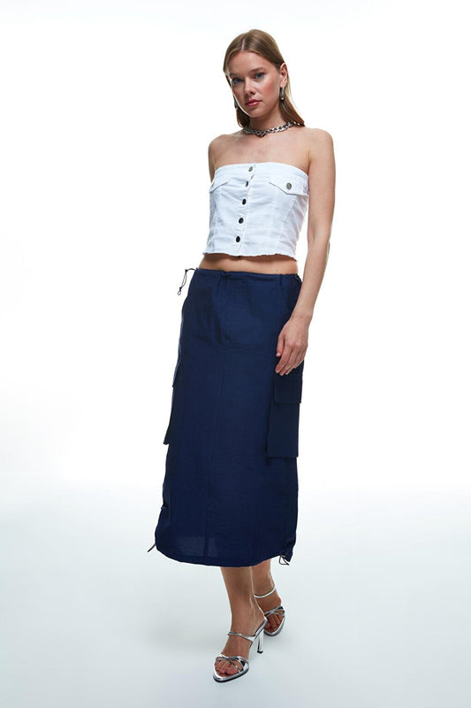 Gathered Pocket Detailed Cargo Skirt Navy Blue