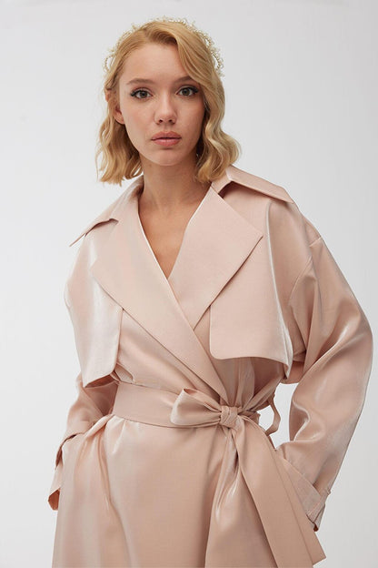 Organza Double Breasted Evening Dress Trench Coat Pink