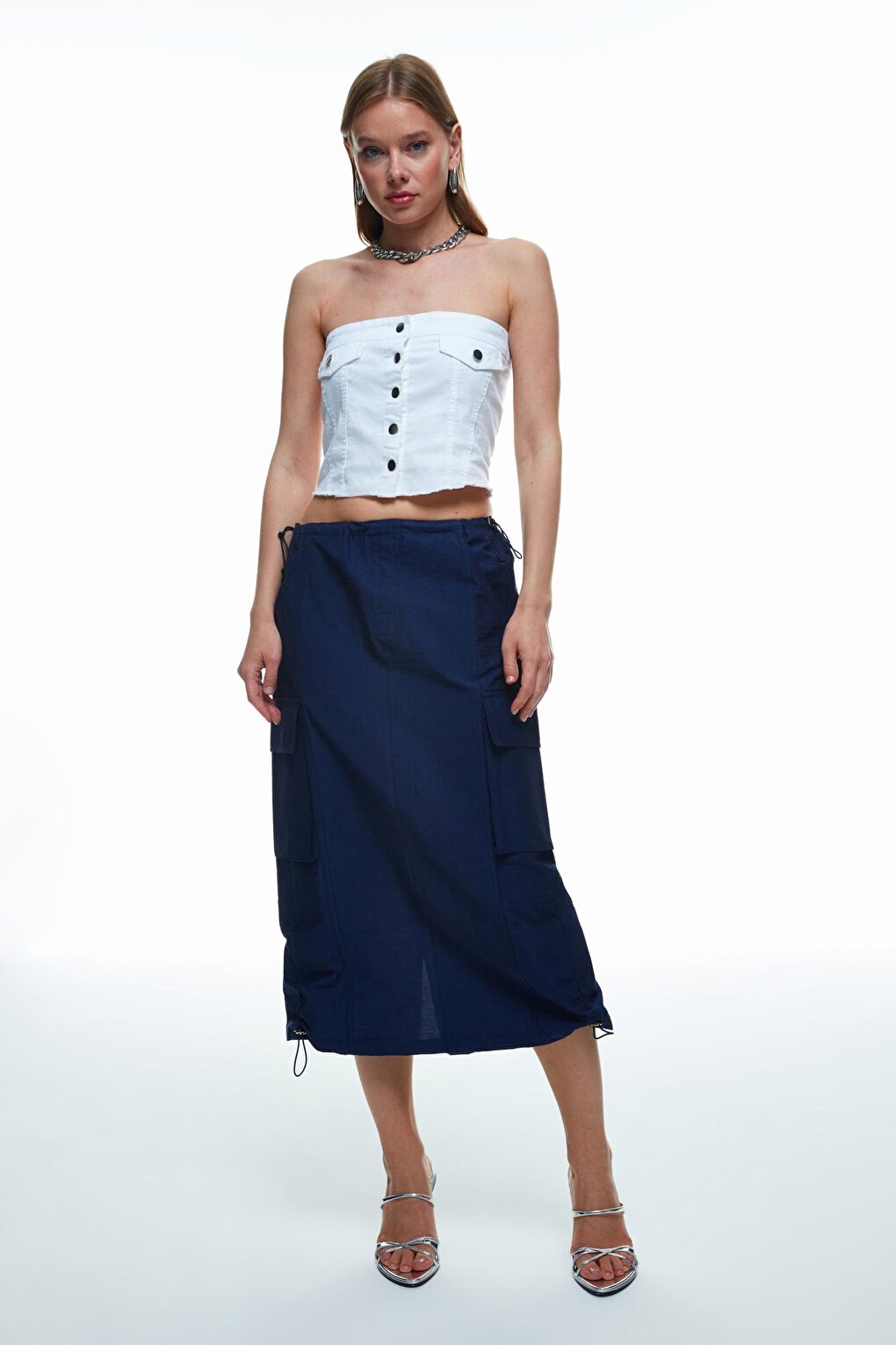 Gathered Pocket Detailed Cargo Skirt Navy Blue