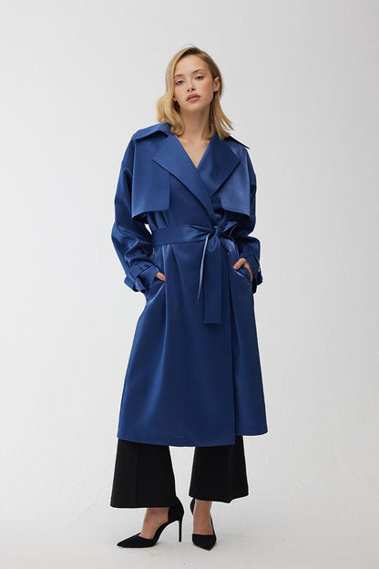 Organza Double Breasted Evening Dress Trench Coat Midnight Blue