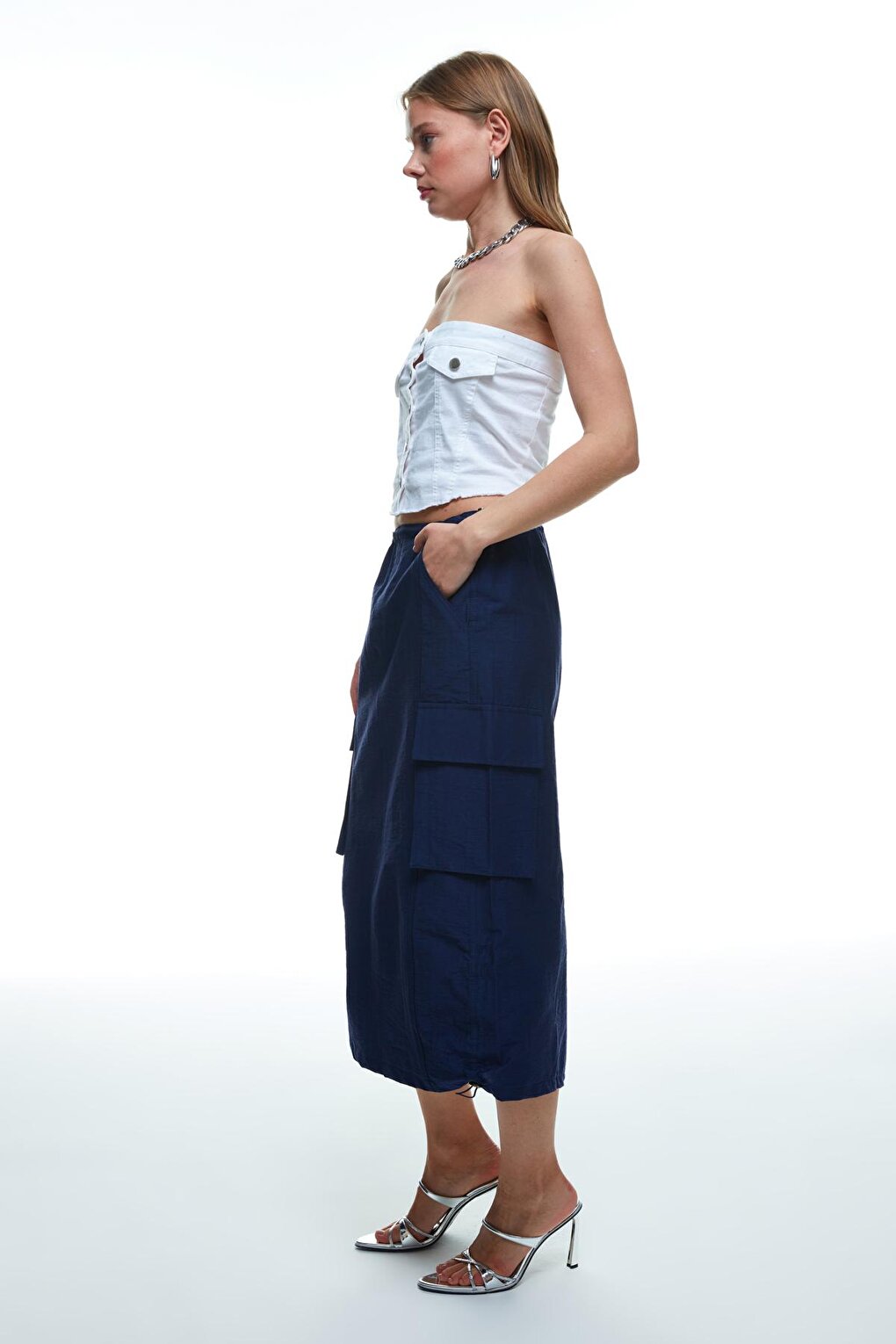 Gathered Pocket Detailed Cargo Skirt Navy Blue