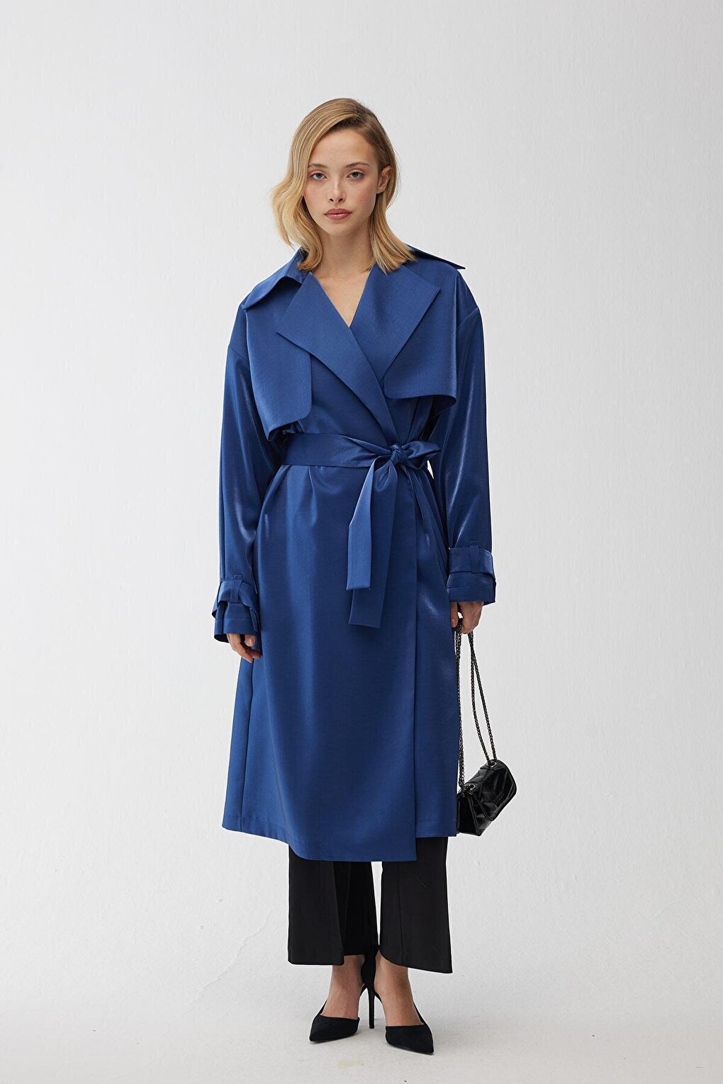 Organza Double Breasted Evening Dress Trench Coat Midnight Blue