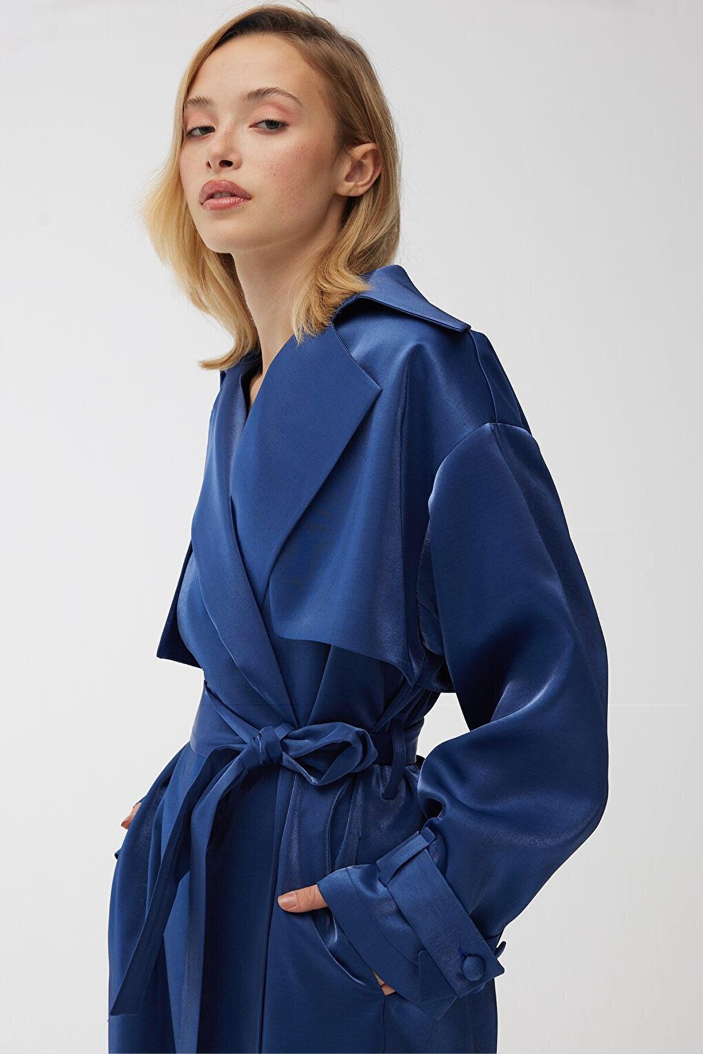 Organza Double Breasted Evening Dress Trench Coat Midnight Blue