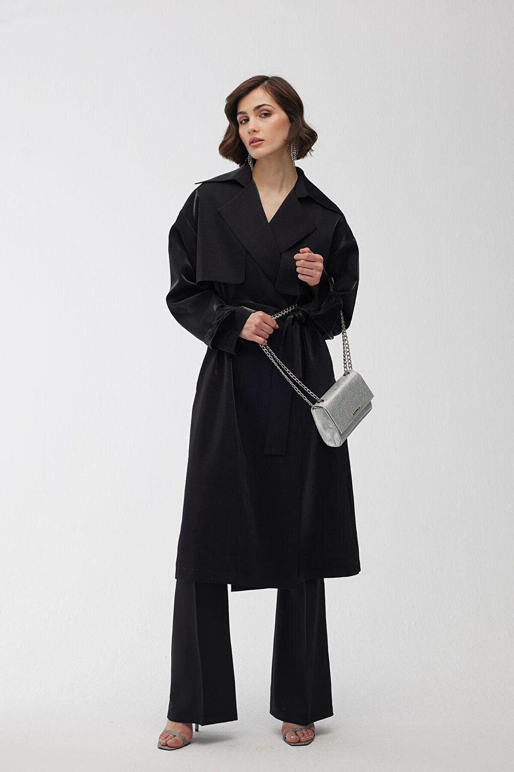 Organza Double Breasted Evening Dress Trench Coat Black