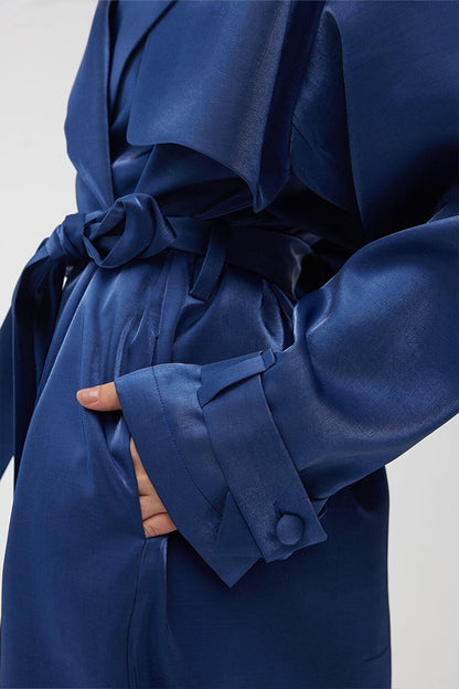 Organza Double Breasted Evening Dress Trench Coat Midnight Blue