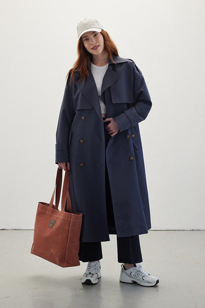 Buttoned Double Breasted Trench Coat Navy Blue