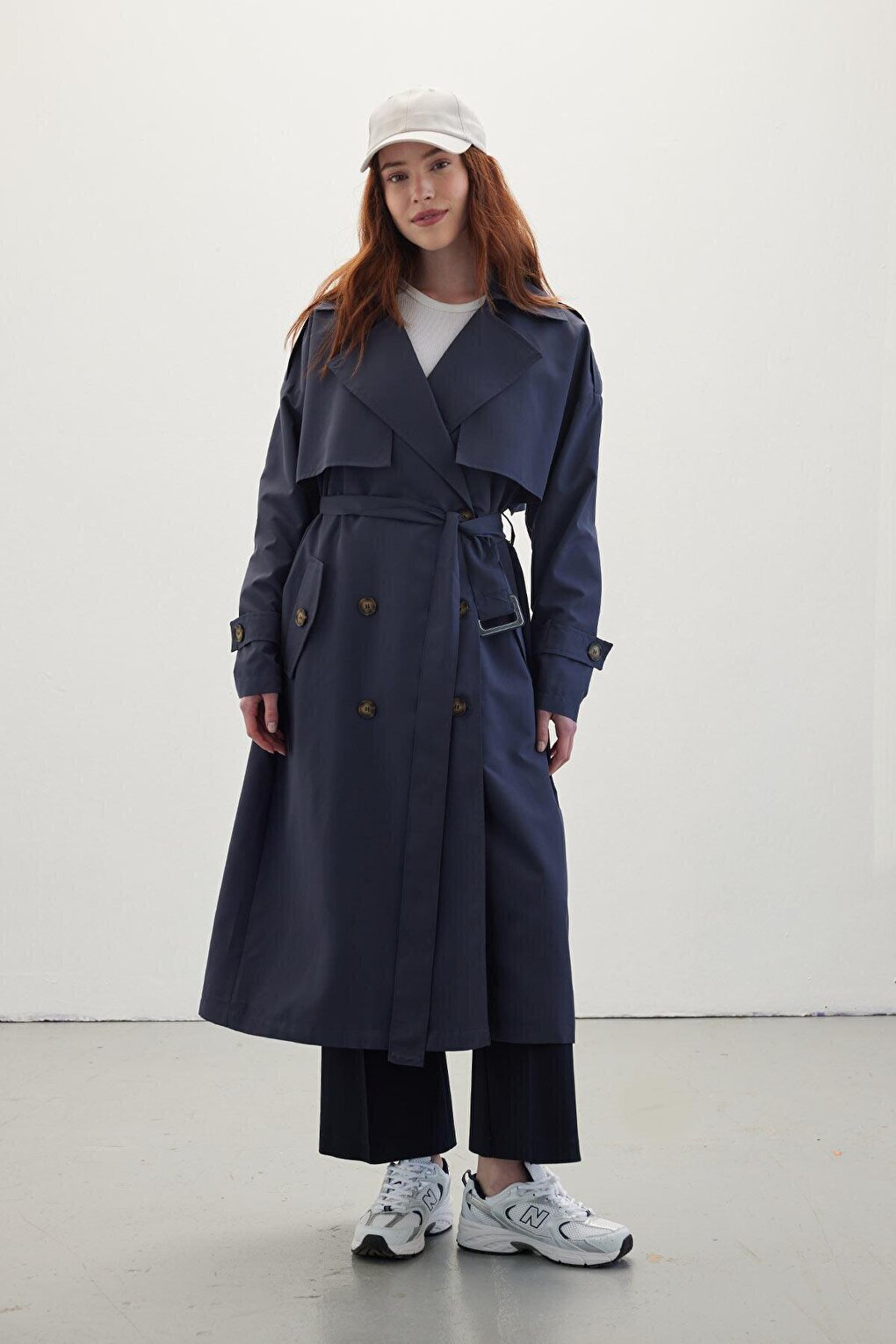 Buttoned Double Breasted Trench Coat Navy Blue