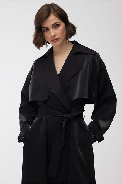 Organza Double Breasted Evening Dress Trench Coat Black