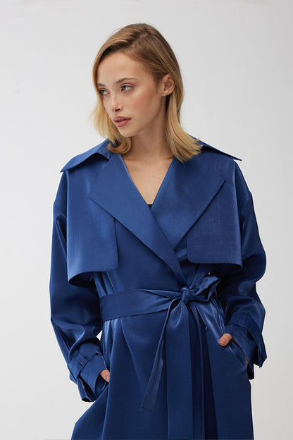 Organza Double Breasted Evening Dress Trench Coat Midnight Blue