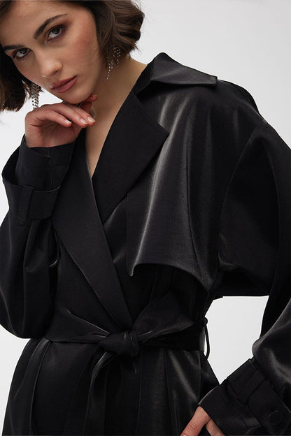 Organza Double Breasted Evening Dress Trench Coat Black