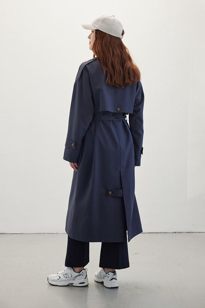 Buttoned Double Breasted Trench Coat Navy Blue