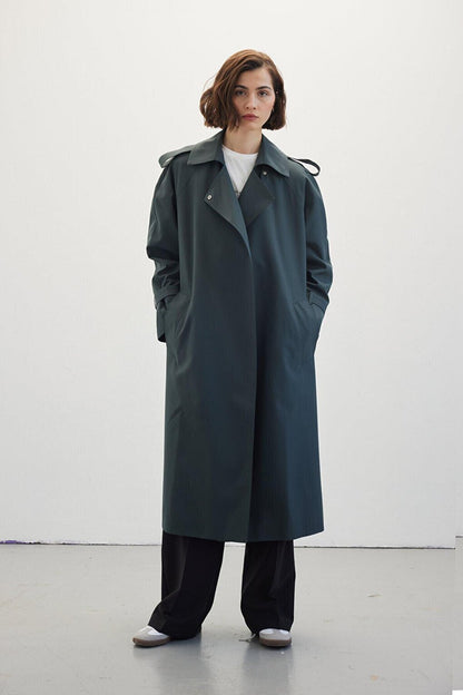 Belted Draped Trench Coat Dark Green